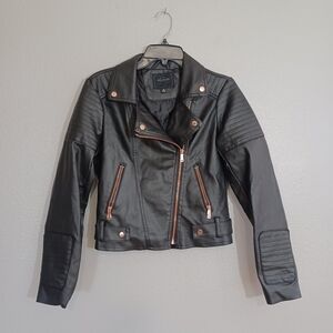 MISS LONDON BLACK LABEL Faux Leather Motto Jacket Women's Coat Size Medium